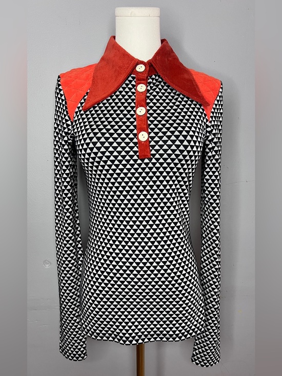 Nuvula Tops - Nuvula Black & White Geometric Long-Sleeve Top with Orange Corduroy Collar